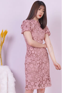 Mandarin Collar Crochet Lace Overlay Dress (Red Bean)